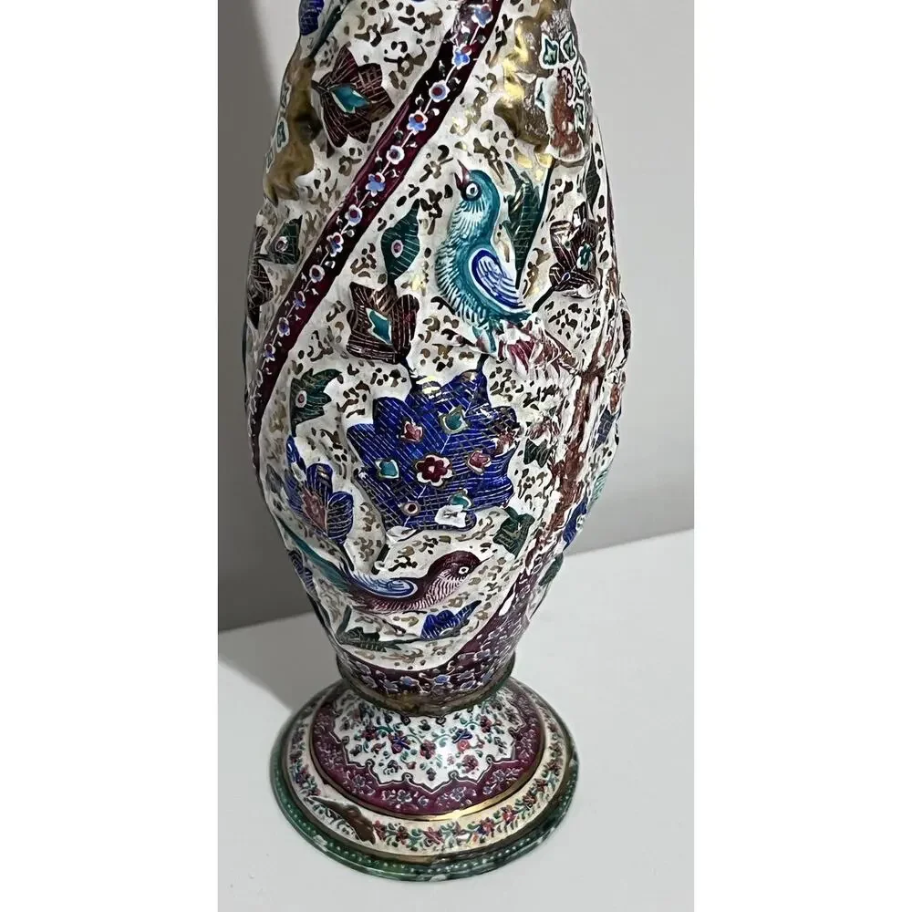 Vintage Antique Iznik Minakari Enameled Birds And Floral Decorations Copper Vase